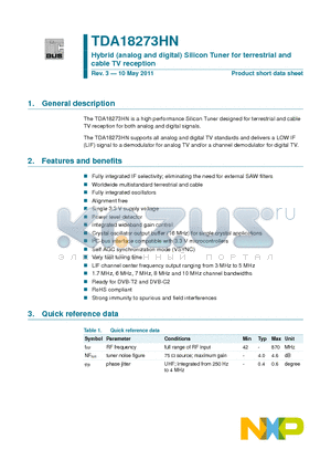 TDA18273HN datasheet - Hybrid (analog and digital) Silicon Tuner for terrestrial and cable TV reception
