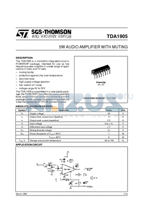 TDA1905 datasheet - 5W AUDIO AMPLIFIER WITH MUTING