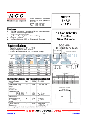 SK104 datasheet - 10 Amp Schottky Rectifier 20 to 100 Volts