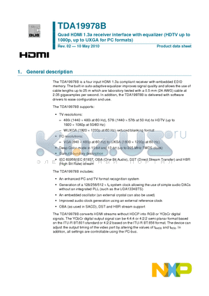 TDA19978BHV datasheet - Quad HDMI 1.3a receiver interface with equalizer (HDTV up to 1080p, up to UXGA for PC formats)