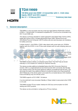 TDA19989 datasheet - 150 MHz pixel rate HDMI 1.3 transmitter with 3  8-bit video inputs, HDCP and CEC support