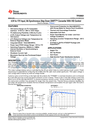 TPS56921PWPR datasheet - 4.5V to 17V Input, 9A Synchronous Step Down SWIFT Converter With VID Control