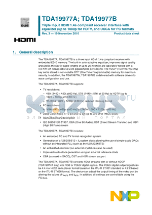 TDA19977A datasheet - Triple input HDMI 1.4a compliant receiver interface with equalizer