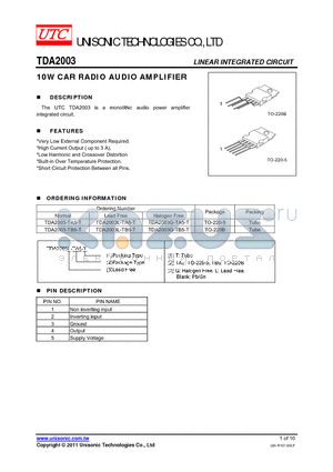 TDA2003G-TA5-T datasheet - 10W CAR RADIO AUDIO AMPLIFIER