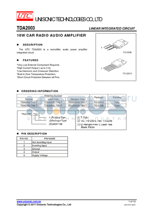 TDA2003 datasheet - 10W CAR RADIO AUDIO AMPLIFIER