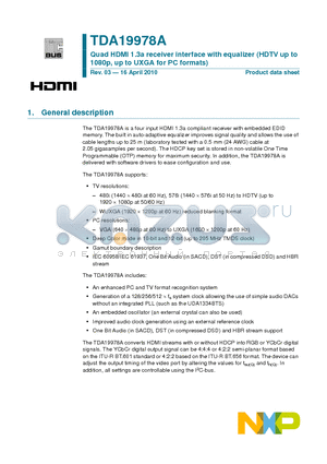 TDA19978AHV datasheet - Quad HDMI 1.3a receiver interface with equalizer (HDTV up to 1080p, up to UXGA for PC formats)