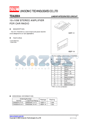 TDA2004-J11-T datasheet - 1010W STEREO AMPLIFIER FOR CAR RADIO