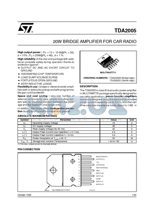 TDA2005 datasheet - 20W BRIDGE AMPLIFIER FOR CAR RADIO