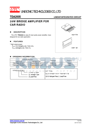 TDA2005 datasheet - 20W BRIDGE AMPLIFIER FOR CAR RADIO