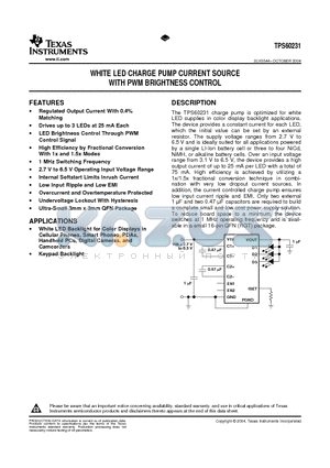 TPS60231 datasheet - WHITE LED CHARGE PUMP CURRENT SOURCE WITH PWM BRIGHTNESS CONTROL