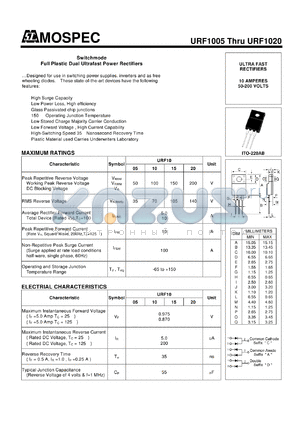 URF1005 datasheet - Switchmode Full Plastic Dual Ultrafast Power Rectifiers