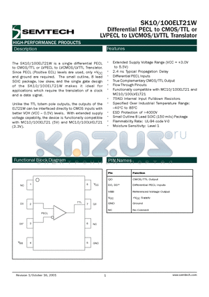 SK10ELT21WDT datasheet - Differential PECL to CMOS/TTL or LVPECL to LVCMOS/LVTTL Translator