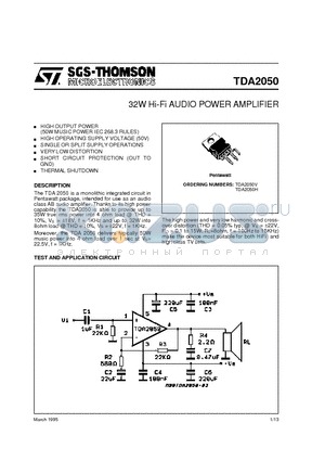 TDA2050V datasheet - 32W Hi-Fi AUDIO POWER AMPLIFIER