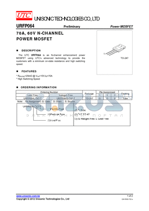 URFP064G-T47-T datasheet - 70A, 60V N-CHANNEL POWER MOSFET