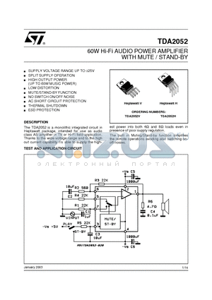 TDA2052 datasheet - 60W Hi-Fi AUDIO POWER AMPLIFIER WITH MUTE / STAND-BY