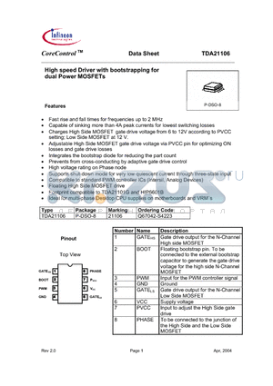 TDA21106 datasheet - High speed Driver with bootstrapping for dual Power MOSFETs