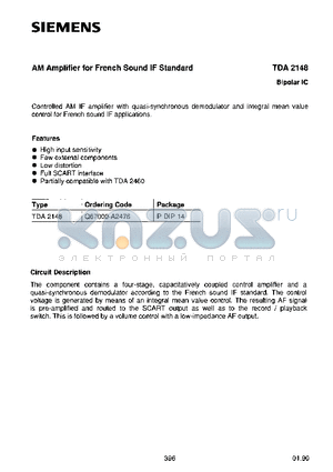 TDA2148 datasheet - AM AMPLIFIER FOR FRENCH SOUND IF STANDARD