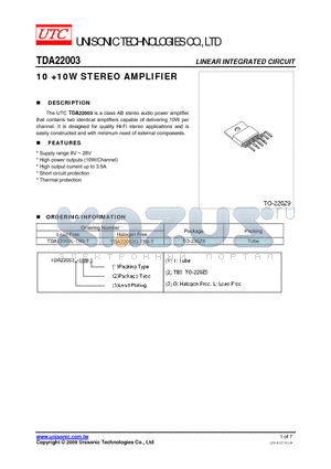 TDA22003 datasheet - 10 10W STEREO AMPLIFIER