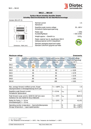 SK110 datasheet - Surface Mount Schottky Rectifier Diodes