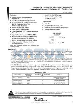 TPS60400QDBVRQ1 datasheet - UNREGULATED 60-mA CHARGE PUMP VOLTAGE INVERTER