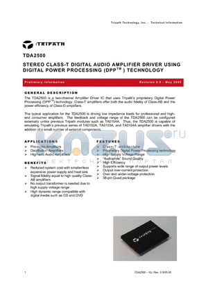 TDA2500 datasheet - STEREO CLASS-T DIGITAL AUDIO AMPLIFIER DRIVER USING DIGITAL POWER PROCESSING (DPP) TECHNOLOGY