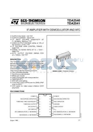 TDA2540 datasheet - IF AMPLIFIER WITH DEMODULATOR AND AFC