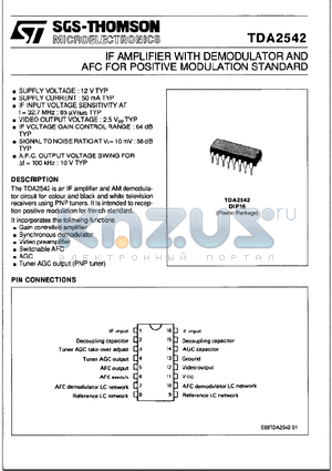 TDA2542 datasheet - IF AMPLIFIER WITH DEMODULATOR AND AFC FOR POSITIVE MODULATION STANDARD