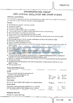 TDA2577A datasheet - SYNCHRONIZATION CIRCUIT WITH VERTICAL OSCILLATOR AND DRIVER STAGES