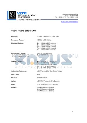 VVD1 datasheet - SMD VCXO, Package: 14.4 mm x 9.6 mm x 5.5 mm SMD, Frequency Range: 1.0 MHz to 160.0 MHz