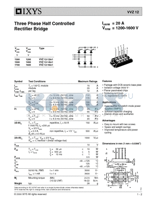 VVZ12-12IO1 datasheet - Three Phase Half Controlled Rectifier Bridge