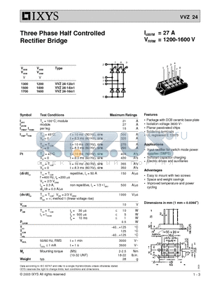 VVZ24-16IO1 datasheet - Three Phase Half Controlled Rectifier Bridge