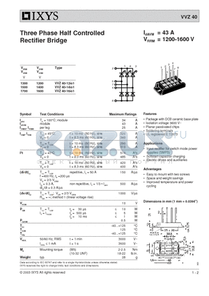 VVZ40-12IO1 datasheet - Three Phase Half Controlled Rectifier Bridge