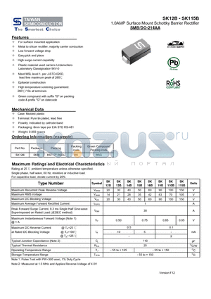 SK12B datasheet - 1.0AMP Surface Mount Schottky Barrier Rectifier