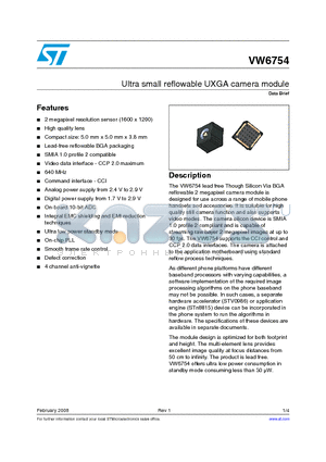 VW6754 datasheet - Ultra small reflowable UXGA camera module