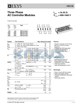 VWO85 datasheet - Three Phase AC Controller Modules