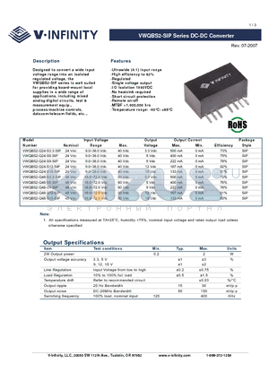 VWQBS2-Q24-S15-SIP datasheet - DC-DC Converter