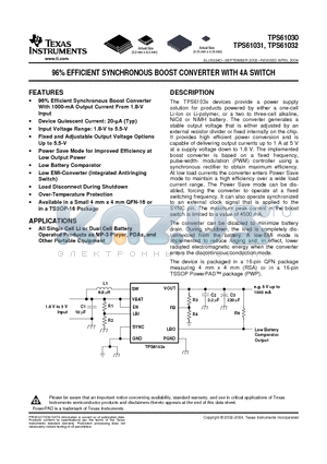 TPS61030RSAR datasheet - 96% EFFICIENT SYNCHRONOUS BOOST CONVERTER WITH 4A SWITCH