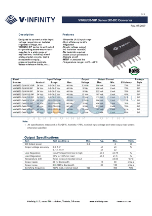 VWQBS2-Q48-S3.3-SIP datasheet - DC-DC Converter