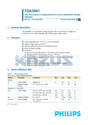 TDA3661 datasheet - Very low dropout voltage/quiescent current adjustable voltage regulator