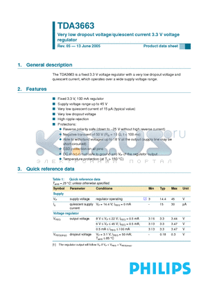 TDA3663 datasheet - Very low dropout voltage/quiescent current 3.3 V voltage regulator