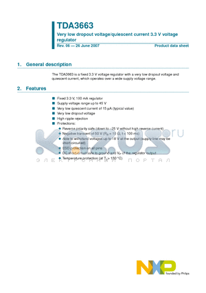 TDA3663 datasheet - Very low dropout voltage/quiescent current 3.3 V voltage regulator