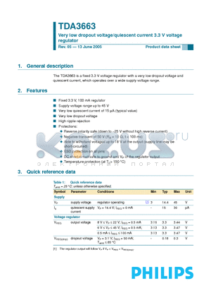 TDA3663AT datasheet - Very low dropout voltage/quiescent current 3.3 V voltage regulator