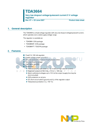 TDA3664 datasheet - Very low dropout voltage/quiescent current 5 V voltage regulator