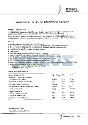 TDA3800GS datasheet - STEREO/DUAL TV SOUND PROCESSING CIRCUITS