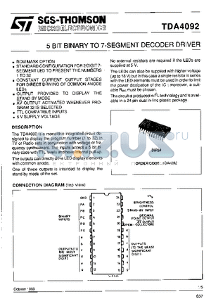 TDA4092 datasheet - 5 BIT BINARY TO 7-SEGMENT DECODER DRIVER