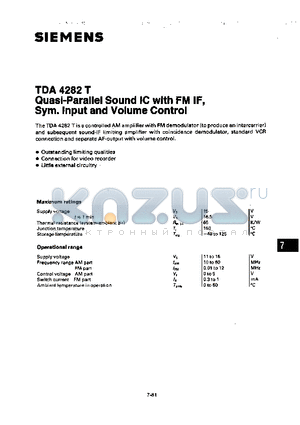 TDA4282T datasheet - QUASI-PARALLEL SOUND IC WITH FM IF, SYM. INPUT AND VOLUME CONTROL