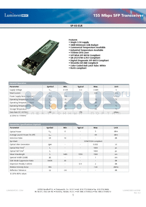 SP-03-ELR-RDA datasheet - 155 Mbps SFP Transceiver