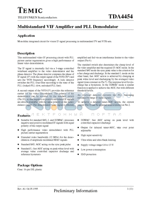 TDA4454 datasheet - Multistandard VIF Amplifier and PLL Demodulator