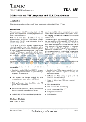 TDA4455 datasheet - Multistandard VIF Amplifier and PLL Demodulator