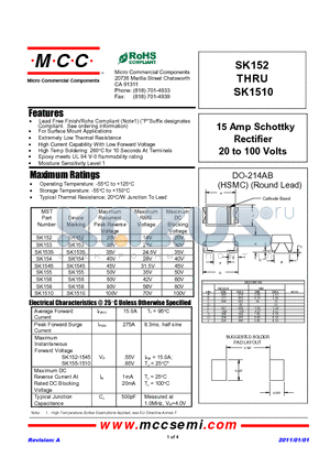 SK152 datasheet - 15 Amp Schottky Rectifier 20 to 100 Volts